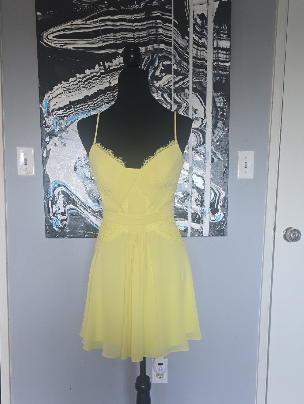 BCBGMaxAzria Pale Yellow Spaghetti Strap Pleated Mini Dress